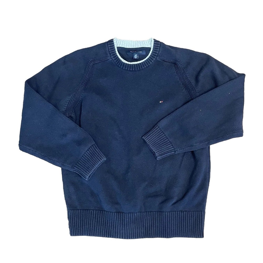 Tommy Hilfiger Sweater Men Sz L Navy Blue Crewneck LS 100% Cotton Flag Logo